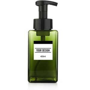 A drink bottle with a green, transparent body and a black pump lid, featuring a space for custom branding.