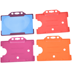 Four plastic ID badge card holders in purple, blue, orange, and pink, featuring slots for attachment.