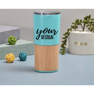 An insulated coffee mug featuring a turquoise upper section and a wood grain non-slip bottom, with a logo.