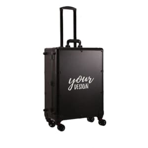 A wheeled black makeup case featuring a handle and a design space, ideal for travel and organisation.