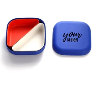 A blue lunch box with a lid, featuring red, white, and another compartment, with a logo on the lid.