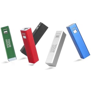 A collection of square tube power banks in green, black, red, silver, and blue, each with a logo.