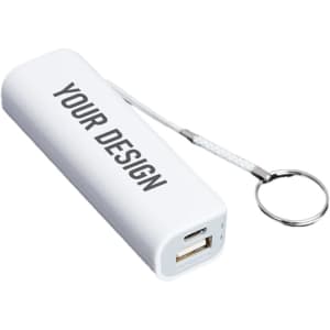 A portable power bank in white with a keychain attachment and an area for custom design.