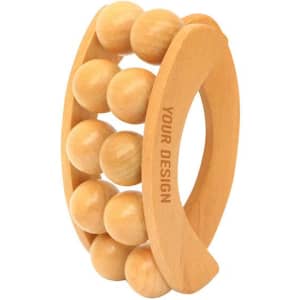 A wooden rolling ball back massager featuring multiple smooth balls with a light wood finish. It includes a branded section.