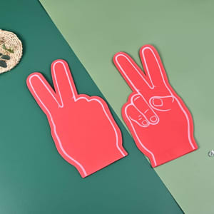 Red EVA foam cheering fingers in peace sign shapes, featuring a simplistic hand design.