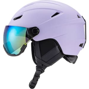 A purple ski helmet with an integrated lens featuring a reflective blue-green tint and adjustable strap.