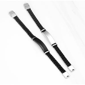 Two black woven wristbands with stainless steel clasps, one featuring a smooth silver section and a logo.