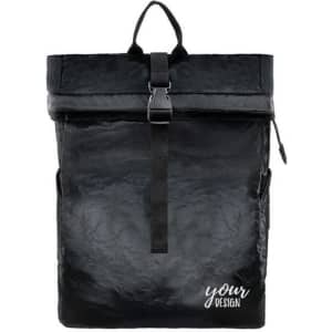 A black Dupont paper backpack with a roll-top closure, featuring side pockets and a branding logo.