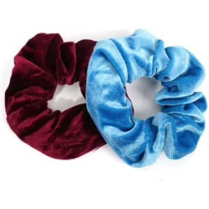 A burgundy and light blue velvet hair scrunchie set, featuring a soft texture and a zipper pocket.