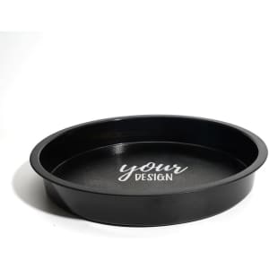 A black, non-slip serving tray with a round design and a placeholder for custom text or graphics.
