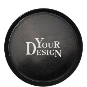 A black non-slip tray featuring a textured surface and a logo. Ideal for serving items.