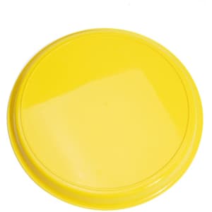 A round yellow plastic serving tray with a smooth surface and a slight rim, featuring a logo on the underside.