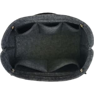 A large capacity grey felt cosmetic bag featuring multiple inner compartments for organisation. Includes a logo.