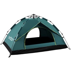 A green and black two-person pop-up camping tent with a spacious entrance and internal area. Features a logo on the side.