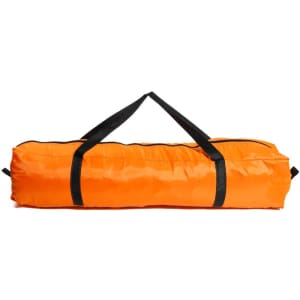 An orange tent carry bag with black straps, designed for easy transport of a camping tent.