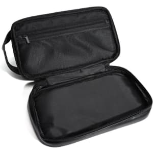 A black PU leather hanging toiletry bag with multiple compartments and a zippered closure. Features a logo.