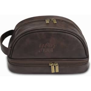 A brown PU leather travel toiletry bag with a handle and dual zip compartments, featuring a logo on the front.