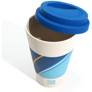 A 16.5 oz coffee mug with a blue lid, featuring a stylish design and a branding logo.