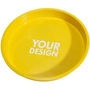 A round yellow tinplate serving tray with a white logo space for custom designs.