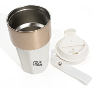 A 16 oz. white coffee cup with a gold top, featuring a removable lid and strap for easy carrying.