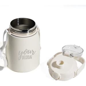 A drink bottle in white stainless steel with a removable lid and a logo design. It has a large capacity and handle.