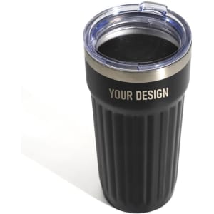A drink bottle in matte black with a transparent lid and a silver band, featuring a logo on the surface.