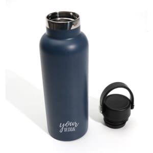 A drink bottle featuring a navy blue stainless steel exterior, with a black lid and handle. It includes a logo area.