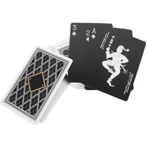 A set of custom blue core playing cards in black and white, featuring a joker card and a decorative box.