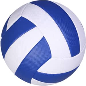 A custom soft beach volleyball featuring blue and white panels with a textured surface. The ball has a logo.