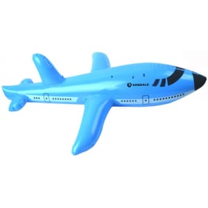 A blue PVC inflatable airplane float toy with a sleek design and branding logo. Perfect for fun and games.