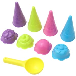 A colourful plastic ice cream cone scoop set featuring pink, purple, green, and blue cones and scoops, plus a yellow scoop.