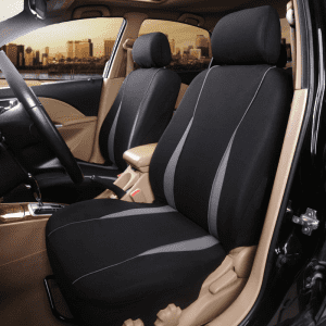 Full set of black car seat covers with grey accents, designed for the front seats of a vehicle.