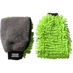 Waterproof car washing gloves in grey and bright green, featuring a logo on the cuff. Ideal for cleaning vehicles.