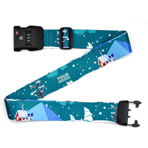 A luggage strap featuring a festive design with a combination lock. The strap is predominantly teal with colourful patterns.