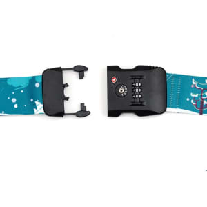 A turquoise luggage strap featuring a combination lock with a black fastening mechanism.