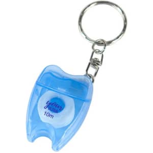 A blue portable dental floss keyring featuring a tooth-shaped design and a silver keychain attachment.
