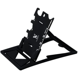 A black mobile phone holder with adjustable angles and cutouts, featuring a logo on the surface.