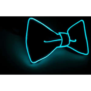 A glowing turquoise bow tie with a light-up design, set against a dark background. The product features a logo.