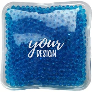 A square ice pack filled with blue gel beads, encased in a clear plastic pouch with a branding logo.