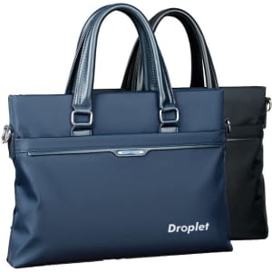 A laptop bag featuring a navy blue and black design, with dual handles and a logo on the front.
