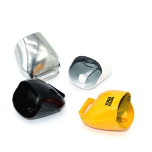 A selection of metal cowbell noisemakers in silver, black, white, and yellow with handles and branding space.