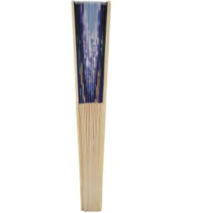 A handheld fabric folding fan with a blue and white pattern and wooden frame, featuring a logo.