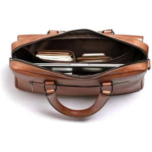 Brown PU leather messenger bag with a spacious interior, featuring compartments for notebooks and a laptop.