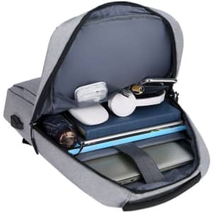 A grey travel laptop backpack featuring multiple compartments, including space for a laptop, charger, and accessories.