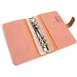 A PU leather ring binder portfolio in peach, featuring a silver ring mechanism and various pockets for documents.