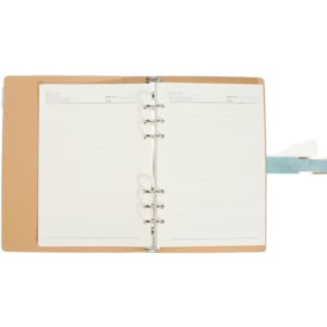 A PU leather spiral notebook with a buckle, featuring a tan cover and ring binder with blank pages.