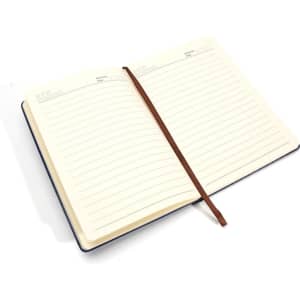 A5 PU leather hardcover notebook in navy, featuring lined pages and a brown ribbon bookmark.