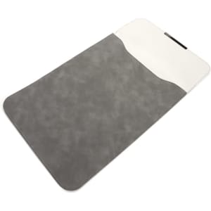 A grey laptop sleeve with a white top and a pouch for a charger, featuring a logo.