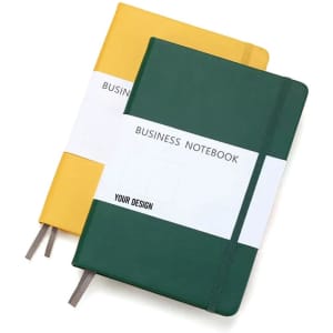 A PU hardcover notebook set in yellow and green, featuring a strap and a branding area.