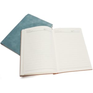 A teal PU leather notebook with lined pages and a pen slot, featuring a logo on the cover.